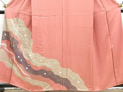 平和屋着物■訪問着　絞り　刺繍　道長吹き寄せ文　甚三紅色　金彩　正絹　逸品　BAAX9601yc