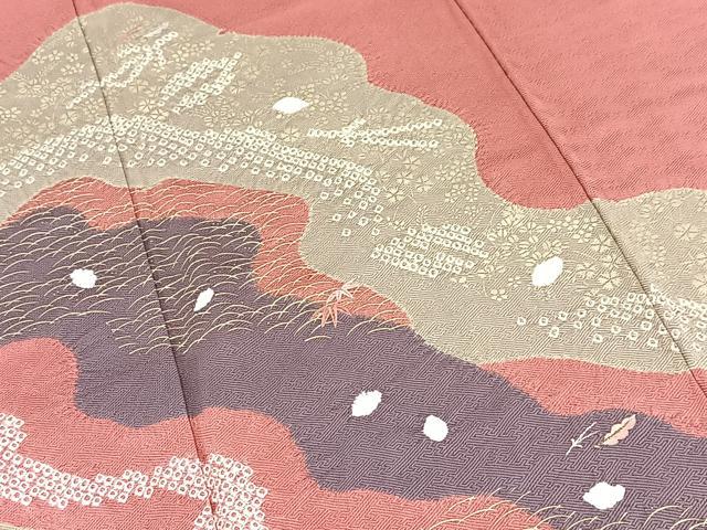 平和屋着物■訪問着　絞り　刺繍　道長吹き寄せ文　甚三紅色　金彩　正絹　逸品　BAAX9601yc