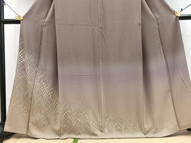 平和屋着物●訪問着　総刺繍　草葉文　暈し染め　金糸　正絹　逸品　BAAX9615yc