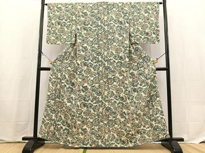 平和屋着物■上質な小紋　型染め　花丸文　鬼しぼ縮緬　正絹　逸品　BAAX9633yc