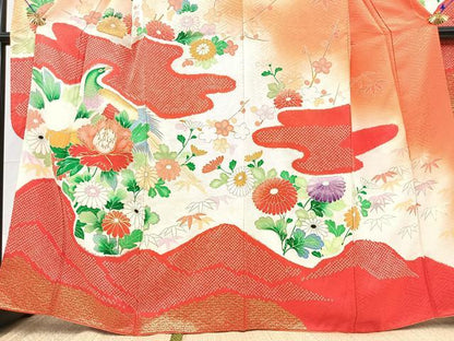 平和屋着物■豪華振袖　絞り　駒刺繍　花鳥文　暈し染め　金彩　正絹　逸品　BAAX9643yc