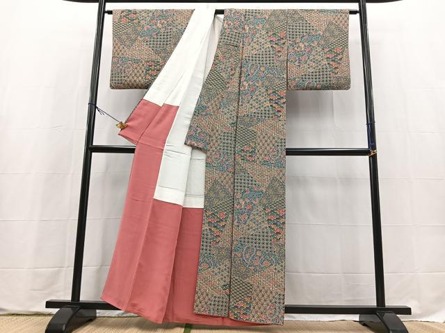 平和屋着物■上質な小紋　切嵌更紗花鳥文　正絹　逸品　BAAX9649yc