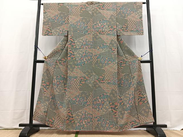 平和屋着物■上質な小紋　切嵌更紗花鳥文　正絹　逸品　BAAX9649yc