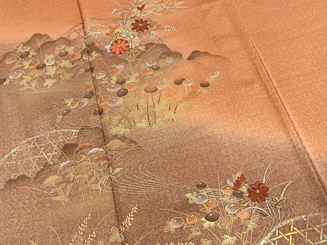 平和屋着物■訪問着　刺繍　秋草文　暈し染め　金銀彩　正絹　逸品　BAAX9651yc
