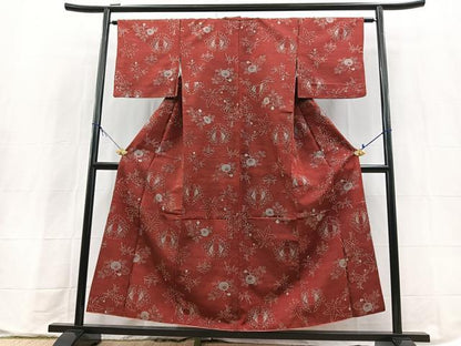平和屋着物■上質な小紋　紬地　型染め　向かい蝶草花文　正絹　逸品　BAAX9652yc