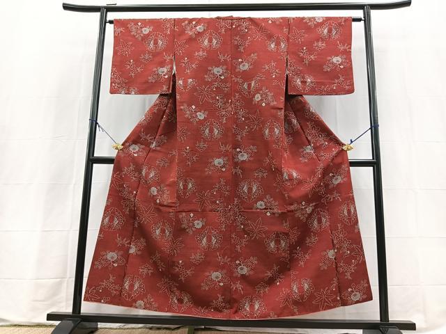 平和屋着物■上質な小紋　紬地　型染め　向かい蝶草花文　正絹　逸品　BAAX9652yc