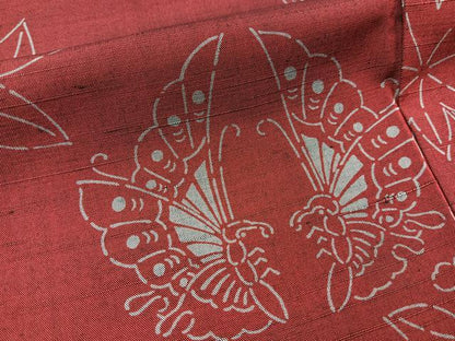 平和屋着物■上質な小紋　紬地　型染め　向かい蝶草花文　正絹　逸品　BAAX9652yc