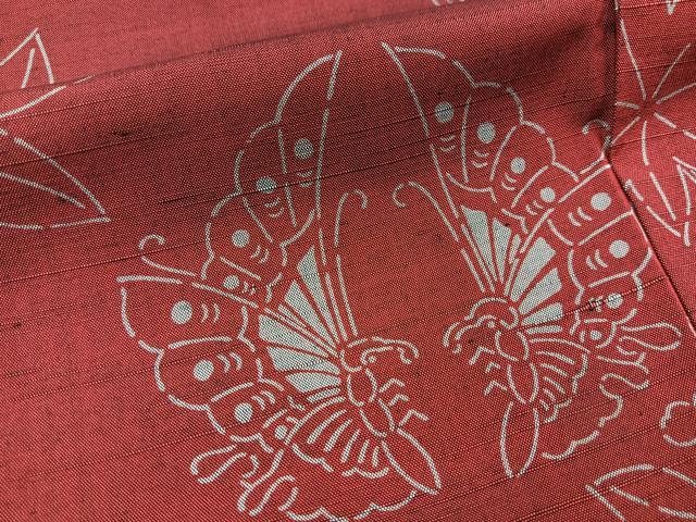 平和屋着物■上質な小紋　紬地　型染め　向かい蝶草花文　正絹　逸品　BAAX9652yc