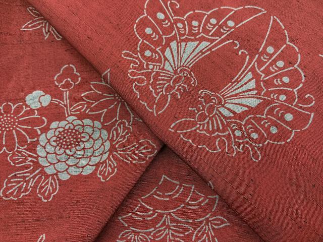 平和屋着物■上質な小紋　紬地　型染め　向かい蝶草花文　正絹　逸品　BAAX9652yc