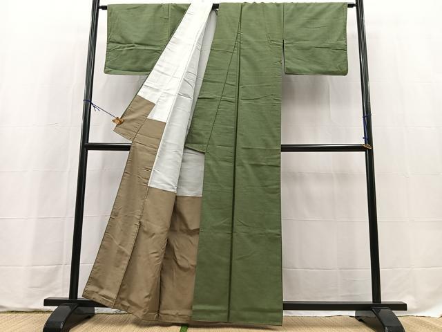 平和屋着物●結城紬　老竹色　正絹　逸品　BAAX9653yc