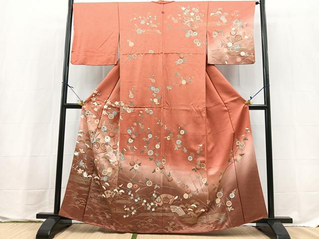 平和屋着物●訪問着　扇面吉祥花蝶文　暈し染め　金彩　正絹　逸品　BAAX9695yc