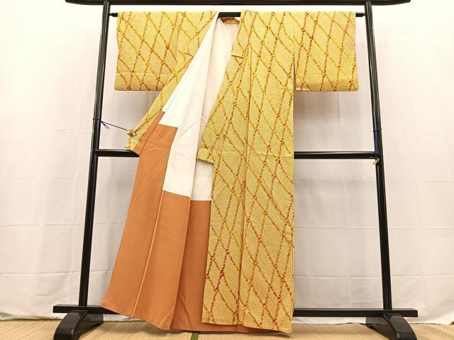 平和屋着物■上質な小紋　総絞り　格子柄　正絹　逸品　BAAX9705yc