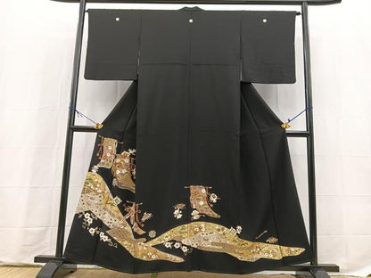 平和屋着物■豪華黒留袖　駒刺繍　吉祥花文　金銀彩　正絹　逸品　BAAX9711yc