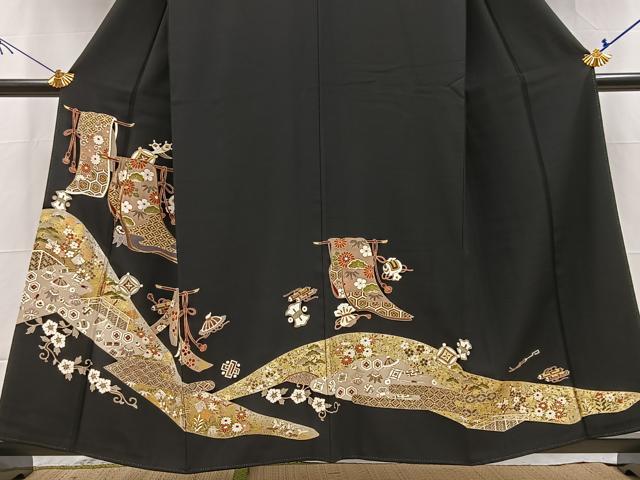 平和屋着物■豪華黒留袖　駒刺繍　吉祥花文　金銀彩　正絹　逸品　BAAX9711yc