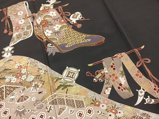 平和屋着物■豪華黒留袖　駒刺繍　吉祥花文　金銀彩　正絹　逸品　BAAX9711yc