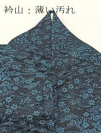 平和屋着物■上質な小紋　本藍　型絵染め　切嵌風景花文　正絹　逸品　BAAX9715yc