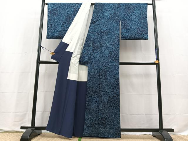 平和屋着物■上質な小紋　本藍　型絵染め　切嵌風景花文　正絹　逸品　BAAX9715yc