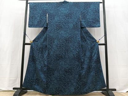 平和屋着物■上質な小紋　本藍　型絵染め　切嵌風景花文　正絹　逸品　BAAX9715yc