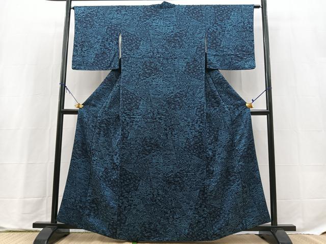 平和屋着物■上質な小紋　本藍　型絵染め　切嵌風景花文　正絹　逸品　BAAX9715yc