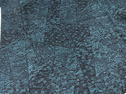 平和屋着物■上質な小紋　本藍　型絵染め　切嵌風景花文　正絹　逸品　BAAX9715yc