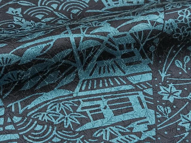 平和屋着物■上質な小紋　本藍　型絵染め　切嵌風景花文　正絹　逸品　BAAX9715yc