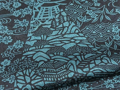 平和屋着物■上質な小紋　本藍　型絵染め　切嵌風景花文　正絹　逸品　BAAX9715yc