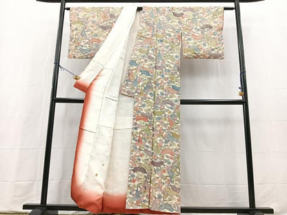 平和屋着物■上質な小紋　型染め　流水風景花文　鬼しぼ縮緬　正絹　逸品　BAAX9718yc