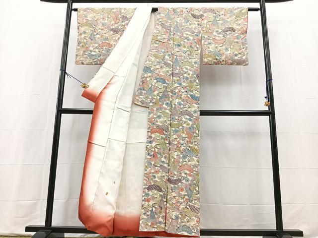 平和屋着物■上質な小紋　型染め　流水風景花文　鬼しぼ縮緬　正絹　逸品　BAAX9718yc