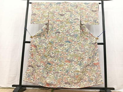 平和屋着物■上質な小紋　型染め　流水風景花文　鬼しぼ縮緬　正絹　逸品　BAAX9718yc