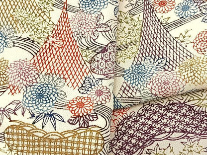 平和屋着物■上質な小紋　型染め　流水風景花文　鬼しぼ縮緬　正絹　逸品　BAAX9718yc