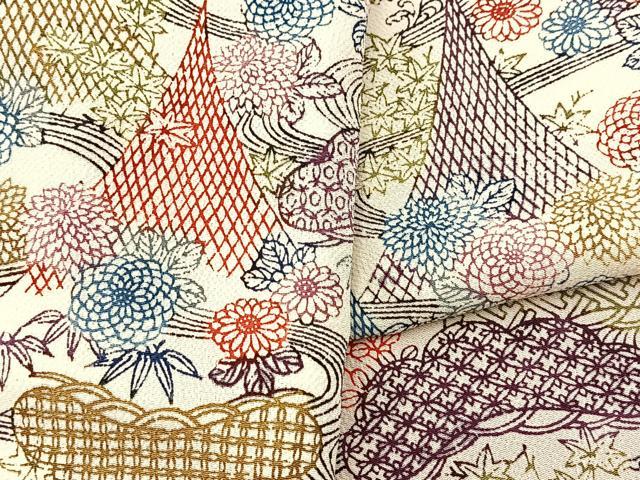 平和屋着物■上質な小紋　型染め　流水風景花文　鬼しぼ縮緬　正絹　逸品　BAAX9718yc