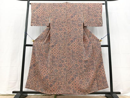 平和屋着物■上質な小紋　切嵌更紗花文　鬼しぼ縮緬　正絹　逸品　BAAX9727yc