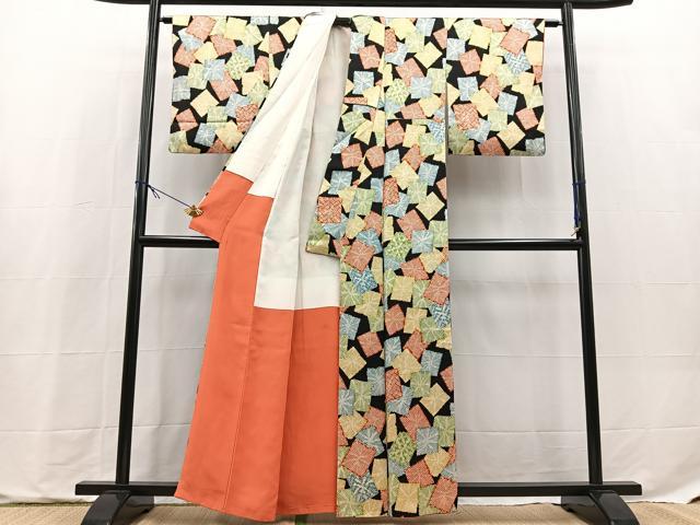 平和屋着物■上質な小紋　破れ色紙重ね文　黒地　正絹　逸品　BAAX9733yc