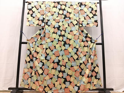 平和屋着物■上質な小紋　破れ色紙重ね文　黒地　正絹　逸品　BAAX9733yc