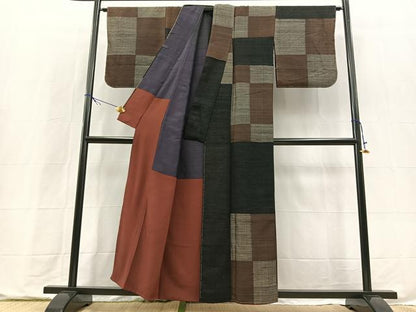 平和屋着物■上質な紬　変わり市松文様　正絹　逸品　BAAX9734yc