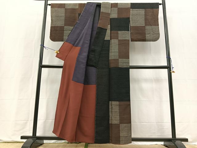 平和屋着物■上質な紬　変わり市松文様　正絹　逸品　BAAX9734yc