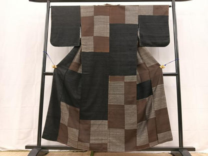 平和屋着物■上質な紬　変わり市松文様　正絹　逸品　BAAX9734yc