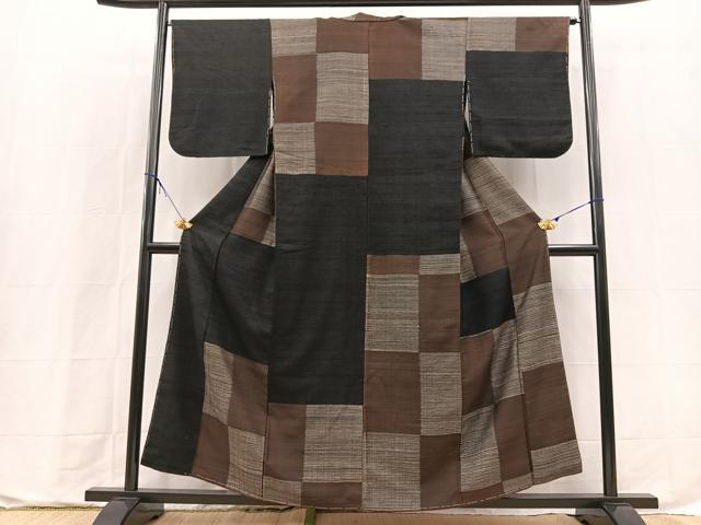 平和屋着物■上質な紬　変わり市松文様　正絹　逸品　BAAX9734yc