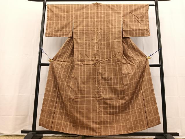 平和屋着物■上質な紬　格子柄　正絹　逸品　BAAX9747yc