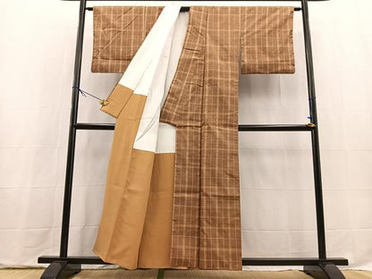 平和屋着物■上質な紬　格子柄　正絹　逸品　BAAX9747yc