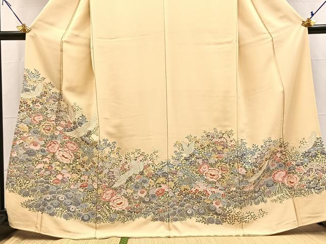 平和屋着物●豪華色留袖　寿光織　飛鶴花文　金糸　正絹　逸品　BAAX9765yc