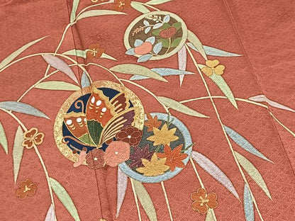 平和屋着物■訪問着　作家物　駒刺繍　流水花蝶丸文　金彩　正絹　逸品　BAAX9776yc