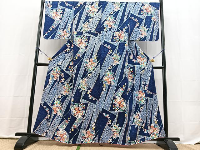 平和屋着物■上質な小紋　絞り　幾何学花文　正絹　逸品　BAAX9812yc