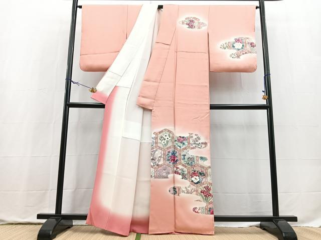平和屋着物■訪問着　手描き　亀甲花文　暈し染め　銀彩　正絹　逸品　BAAX9823yc