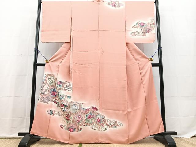 平和屋着物■訪問着　手描き　亀甲花文　暈し染め　銀彩　正絹　逸品　BAAX9823yc