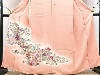 平和屋着物■訪問着　手描き　亀甲花文　暈し染め　銀彩　正絹　逸品　BAAX9823yc