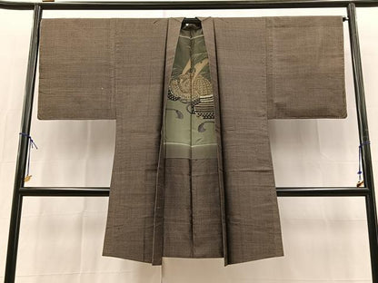 平和屋着物■男性　紬　アンサンブル　長羽織　幾何学文様　正絹　逸品　BAAX9831yc