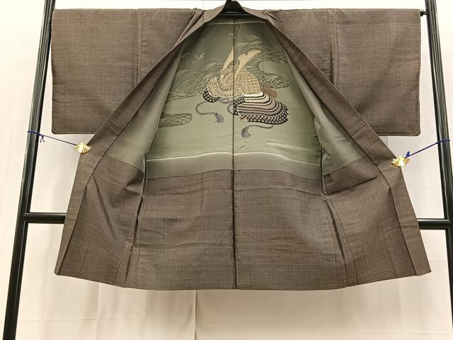 平和屋着物■男性　紬　アンサンブル　長羽織　幾何学文様　正絹　逸品　BAAX9831yc