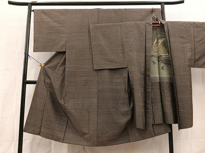 平和屋着物■男性　紬　アンサンブル　長羽織　幾何学文様　正絹　逸品　BAAX9831yc
