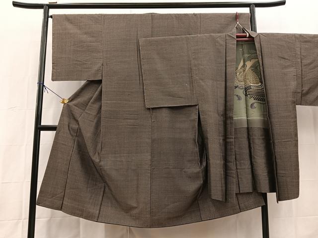 平和屋着物■男性　紬　アンサンブル　長羽織　幾何学文様　正絹　逸品　BAAX9831yc